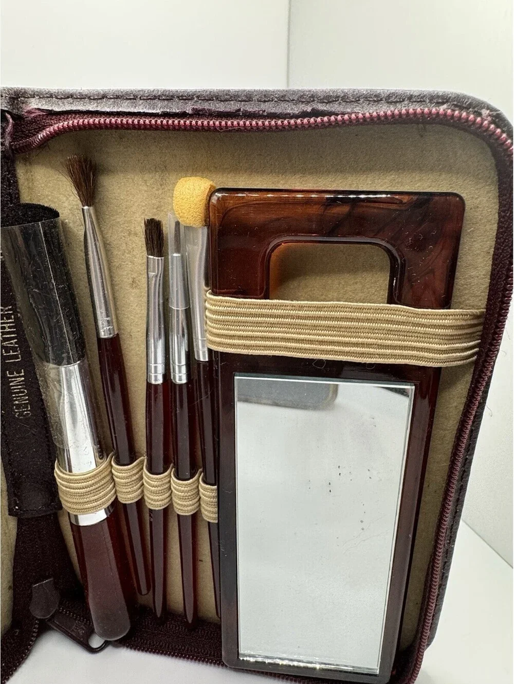 Vintage Brown Leather Travel Grooming Makeup Kit Mirror Brushes Korea Retro